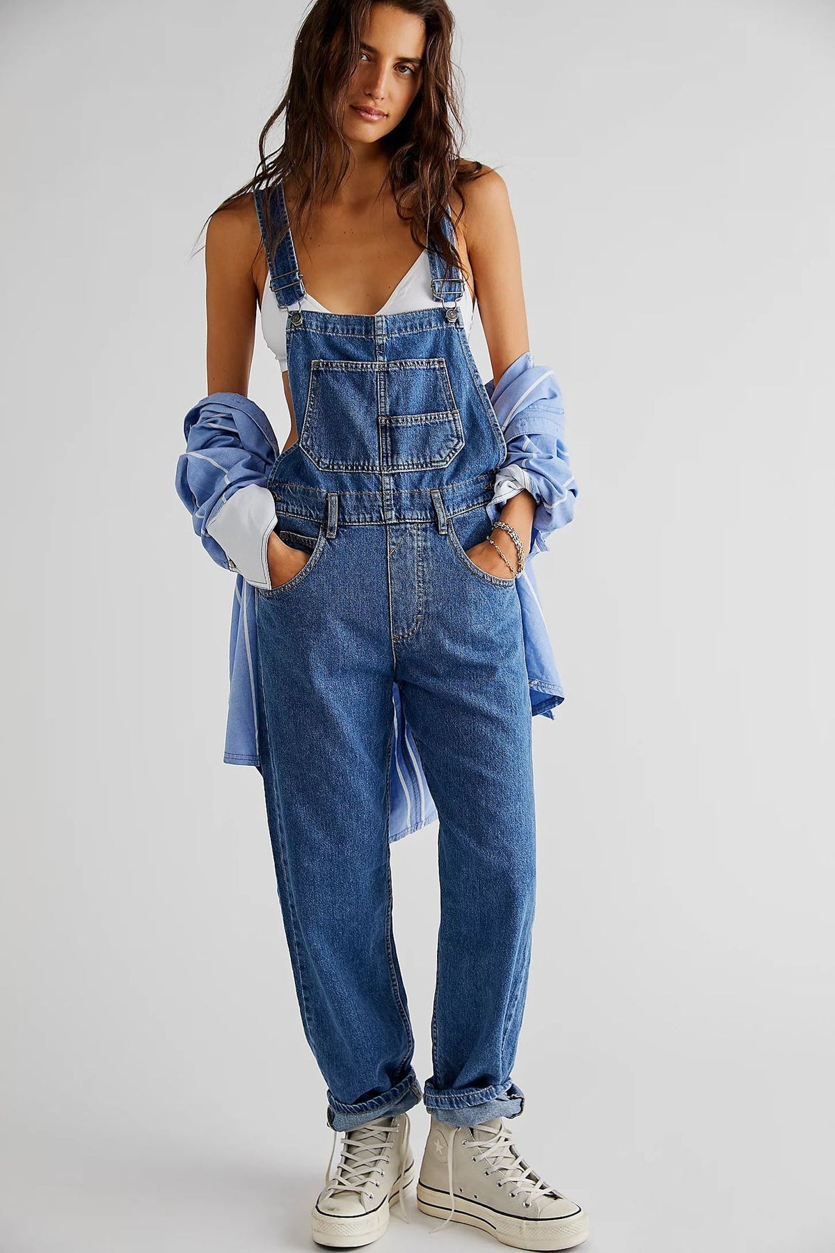 What's The Rush Slouchy Denim Overalls - Medium Blue Wash