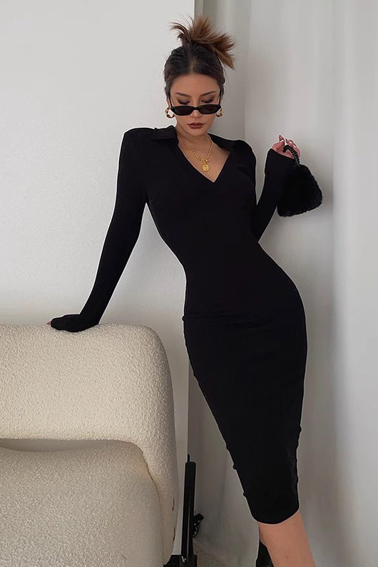 Sexy Long Sleeve Ruched Wrap V Neck Bodycon Dress