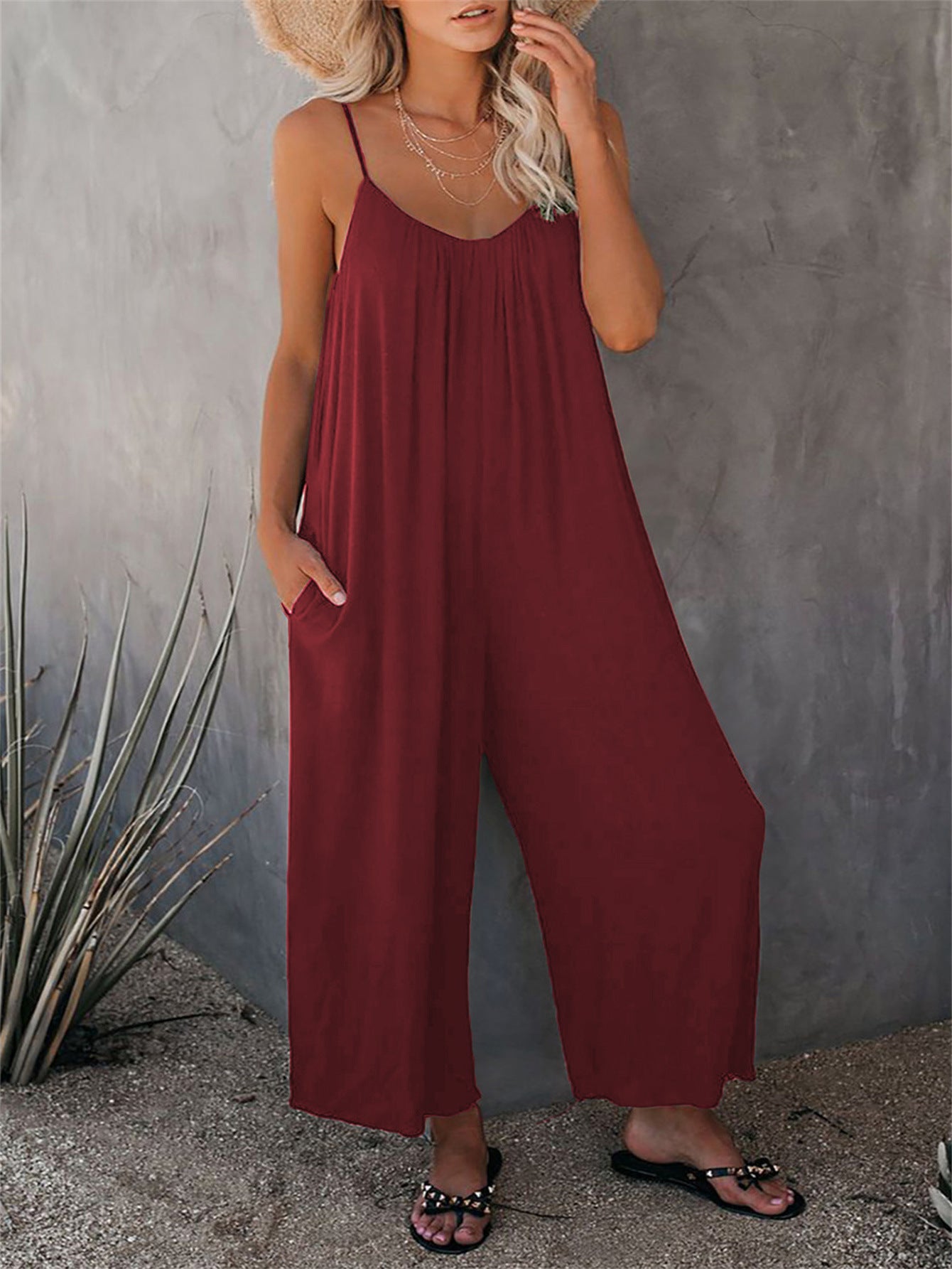 Solid Patchwork Spaghetti Strap Loose Jumpsuits