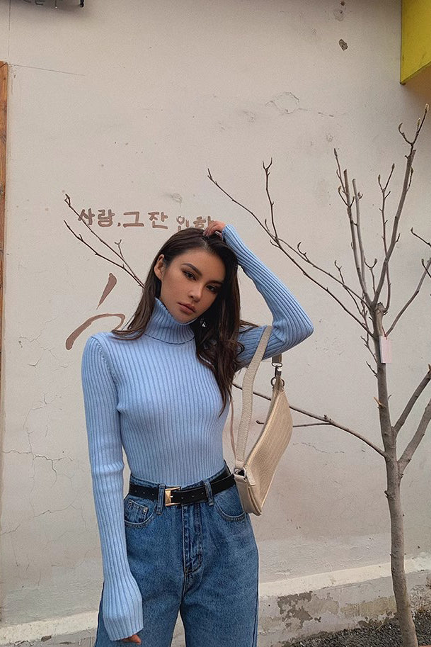 Solid Rib-knit Mock Neck Sweater