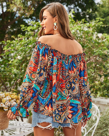 Taj Printed Shimmer Cold Shoulder Blouse