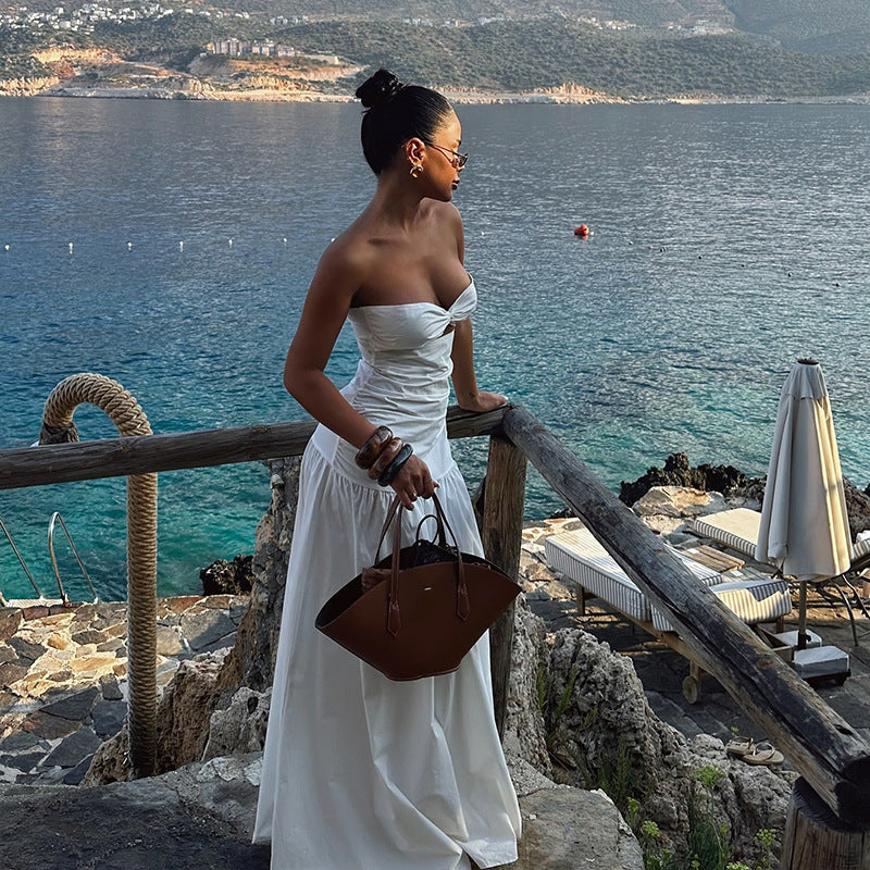 Beach style holiday tube top hollow dress