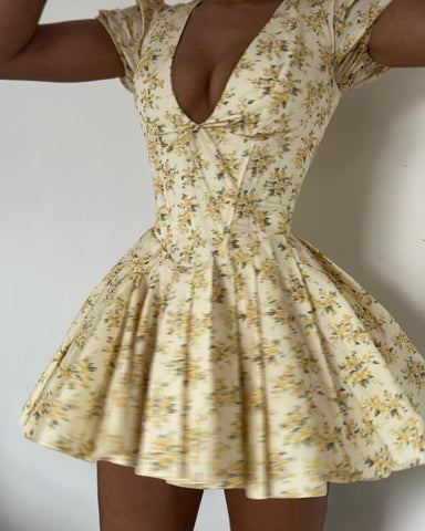 Vintage Floral Print Pleated Cotton Mini Dress