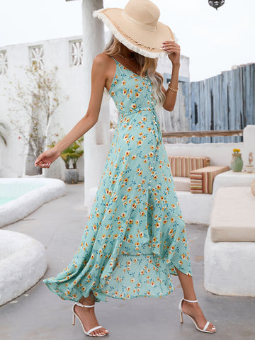 Women Sling Deep V Neck Backless Floral Print Dress