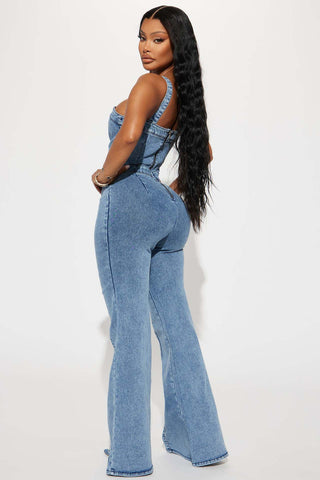 Vitamin Sea Pocketed Denim Cutout Jumpsuit - Denim