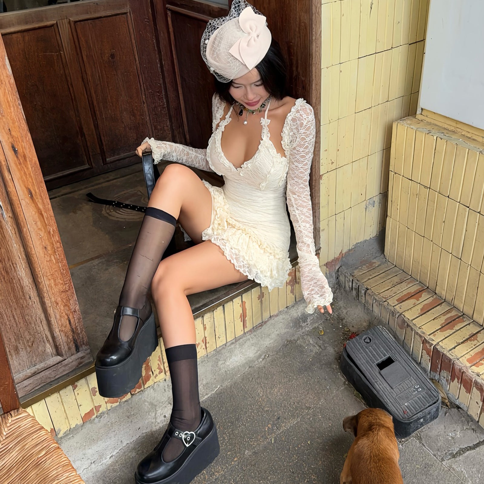 Lace waistcoat stitching halterneck dress set