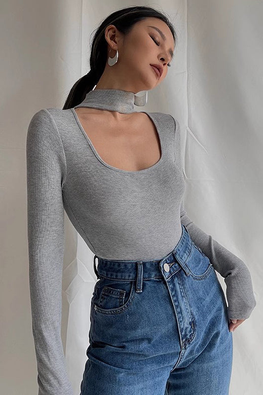 Ribbed Long Sleeve Cut Out Tops Shirt