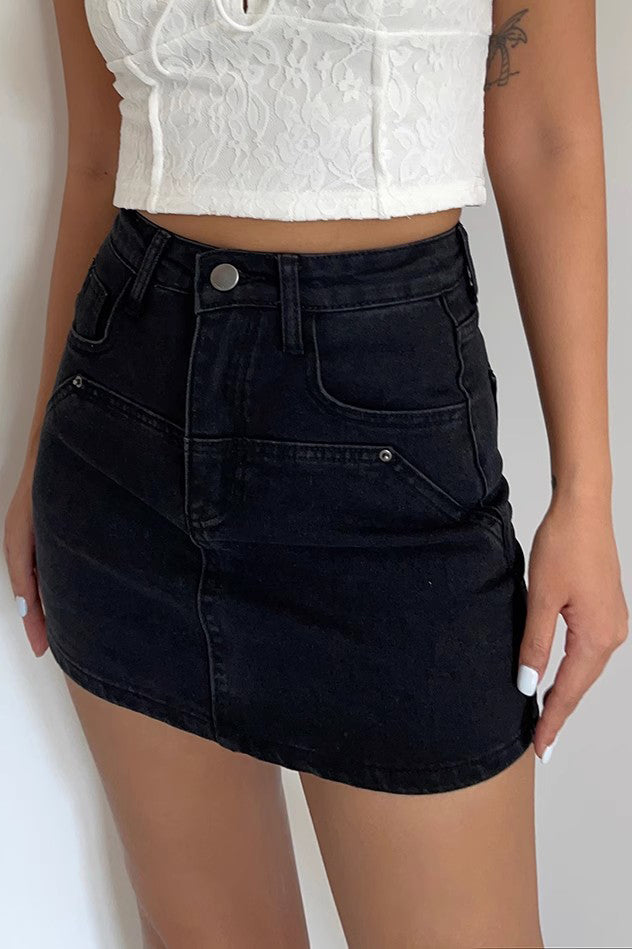 Retro Solid Belted Denim Skirt