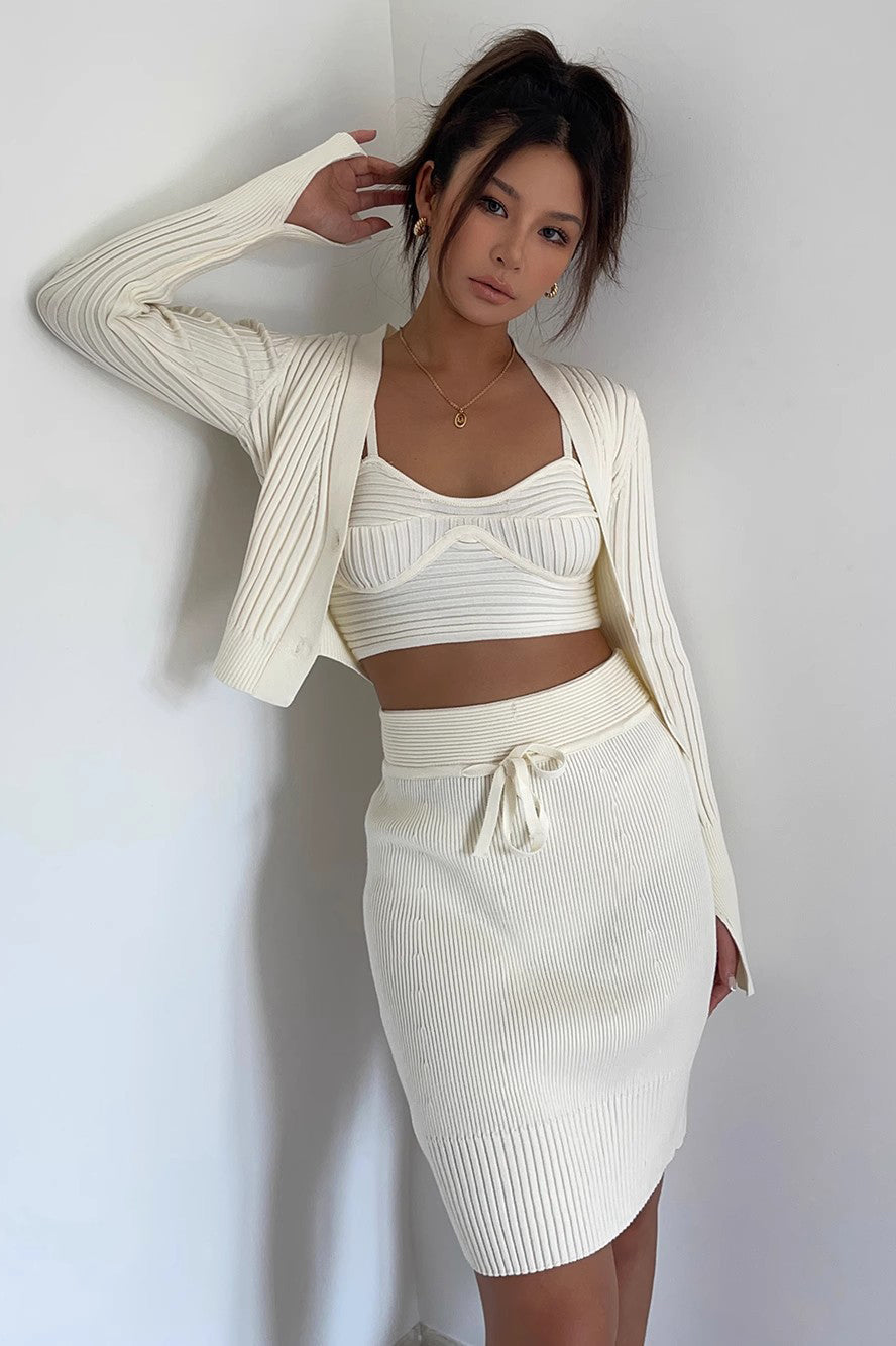 Solid Rib-knit Vest & Crop Shirt & Fitted Skirt 3 Piece Set