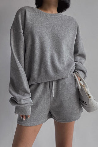 Solid Long Sleeve Sweater Sweatshirt and Drawstring Waist Short Two Piece Set