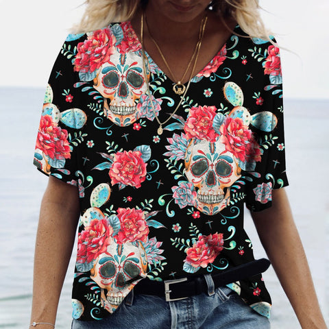 V-neck Skull Print Short-sleeved T-shirt