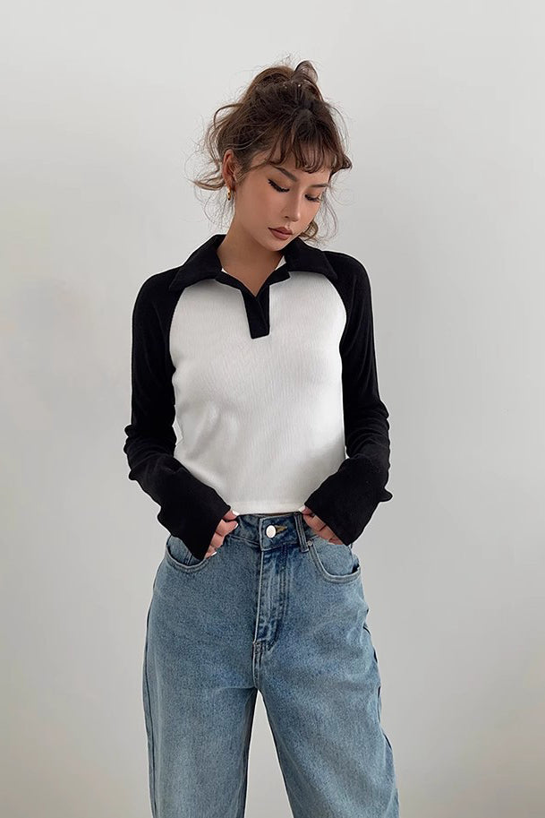 Contrast Lapel Neck Sweatshirt Tops Shirt