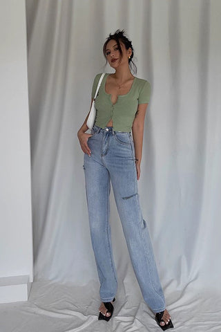 Nature High Waist Ripped Straight Leg Jeans