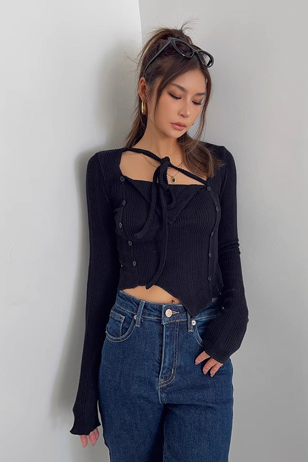 Asymmetrical Hem Rib-knit Sweater Tops Shirt