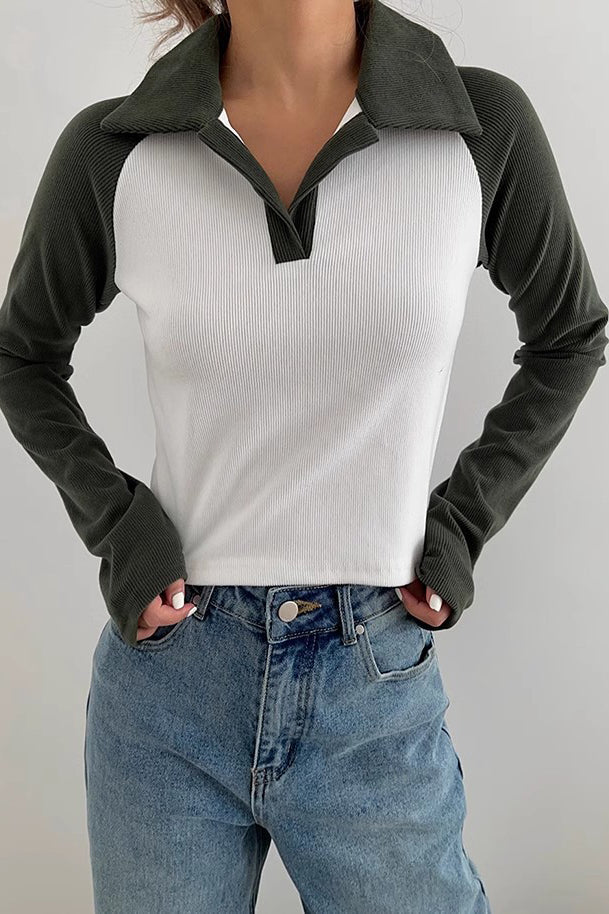 Contrast Lapel Neck Sweatshirt Tops Shirt