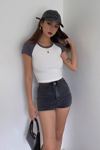 Short Sleeve Crew Neck Contrast Crop Tank Tops