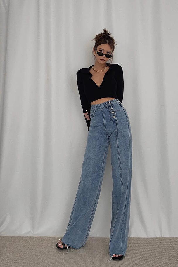 High Waist Buckle Detail Straight Leg Jeans