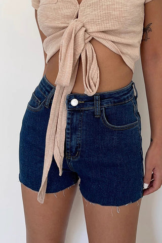 Raw Trim Buckle Detail Slant Pocket Denim Shorts