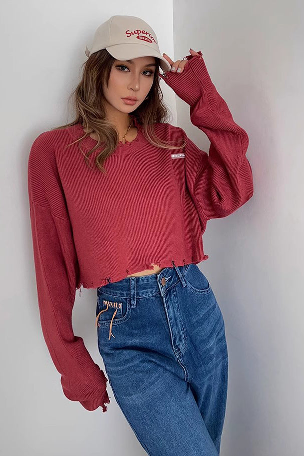 Ripped Rib-knit Raw Trim Sweater Tops