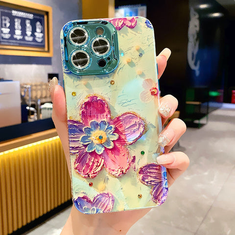 Ein farbenfrohes Ölgemälde, exquisite Handy-iPhone-Schutzhülle, 3D-Retro-Ölgemälde, Blumen-Telefonhülle, Linsenschutzfolie, stoßfeste Schutzhülle für iPhone 11 12 13 14 15