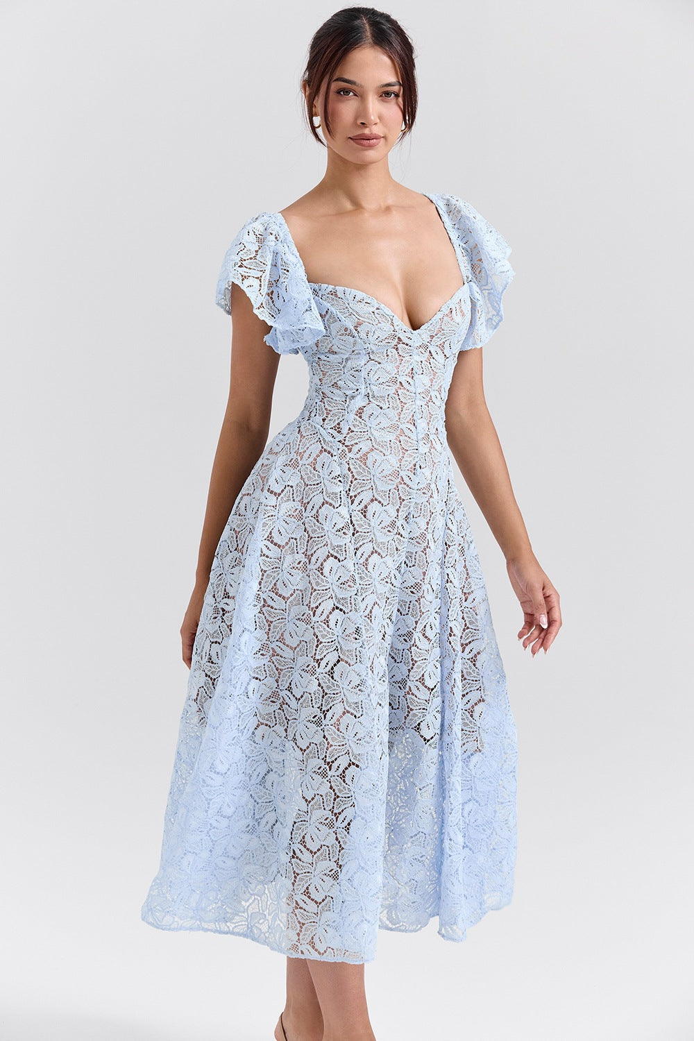 Retro lace high waist slim V-neck dress