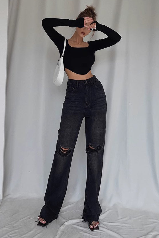 Ripped Pocket Side Straight Leg Jeans