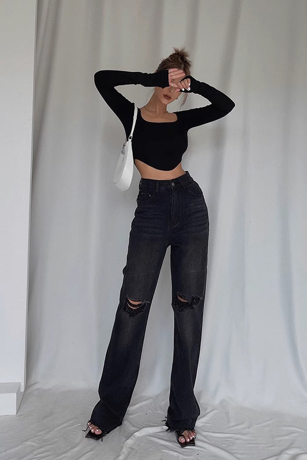 Ripped Slant Pocket Straight Leg Jeans