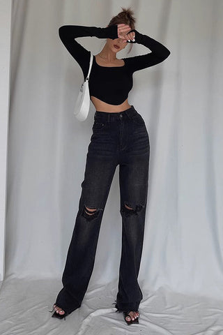 Ripped Pocket Side Straight Leg Jeans