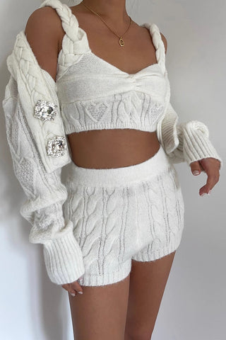 Cable Knit Buckle Detail Jacket & Crisscross Vest & Elastic Waist Shorts 3 Piece Sets