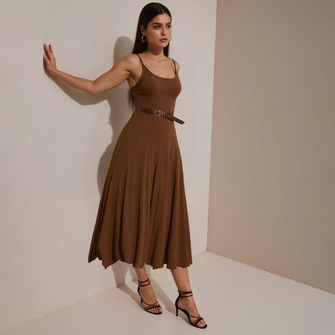 Retro Maillard Belt Halter Dress