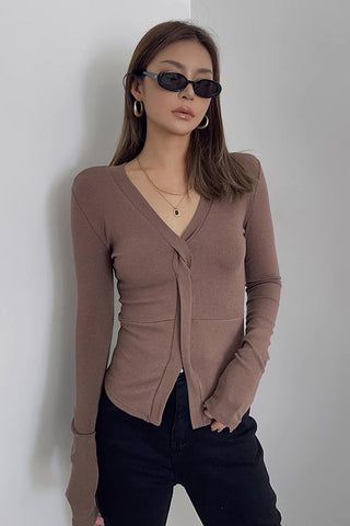 Long Sleeve Solid Tie Front Tops Shirt