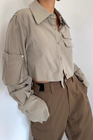 Single Button Lapel Neck Crop Shirt Tops