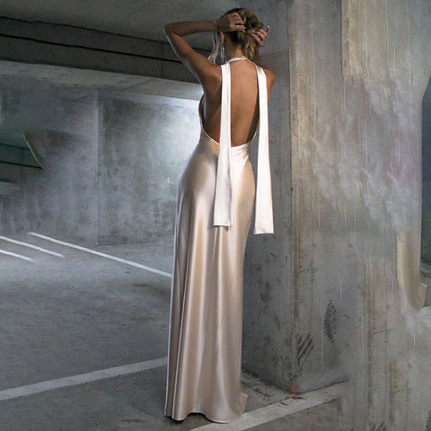 Deep V collar halter neck backless satin ribbon dress