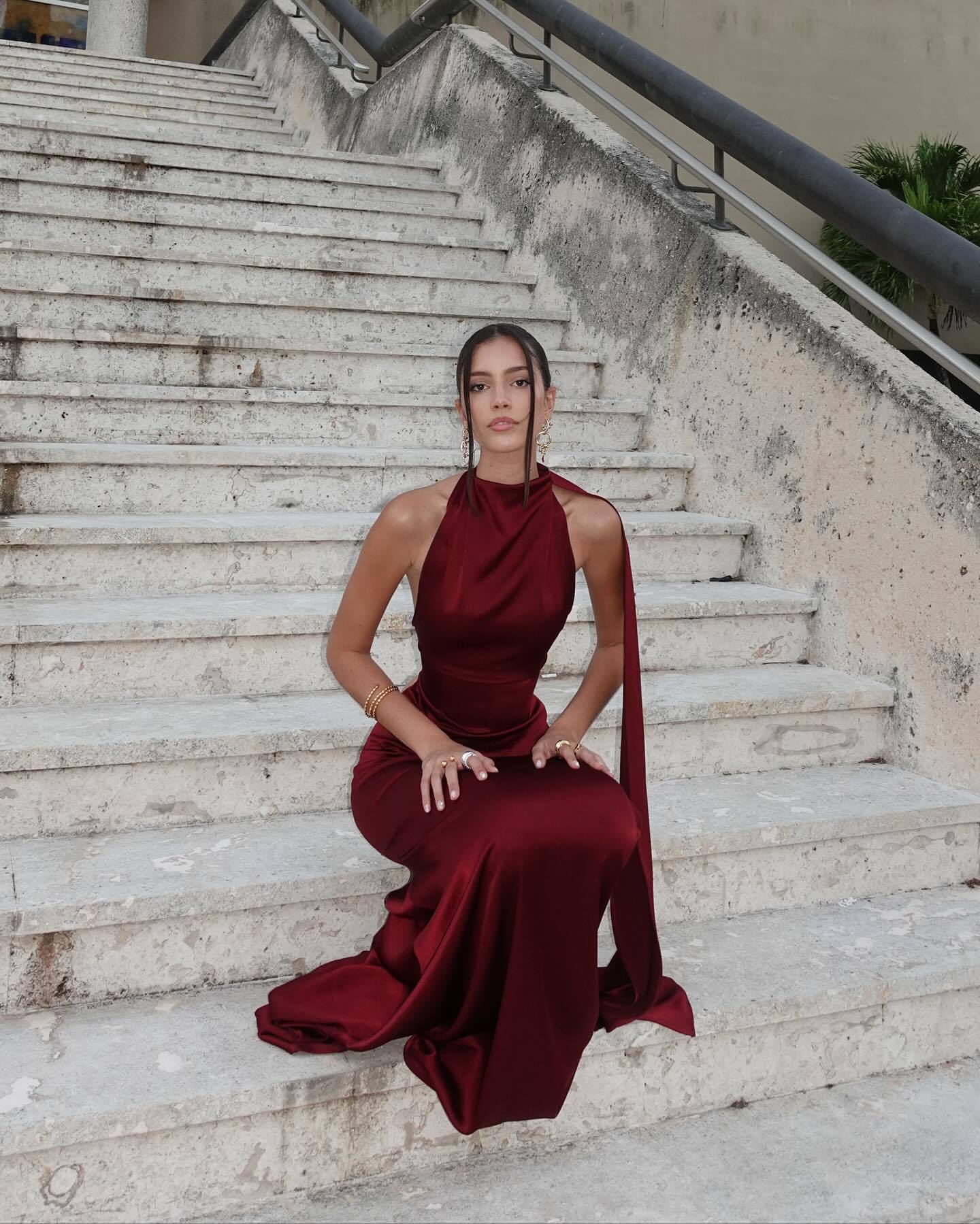 Halter neck satin elegant party dress