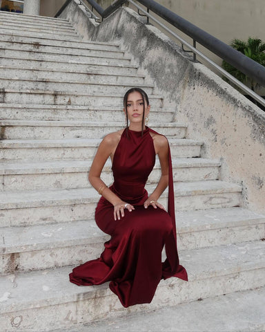 Halter neck satin elegant party dress