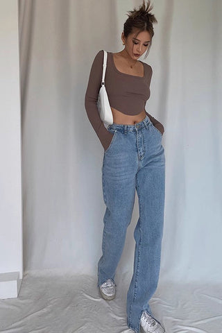 Nature High Waist Buckle Detail Straight Leg Jeans