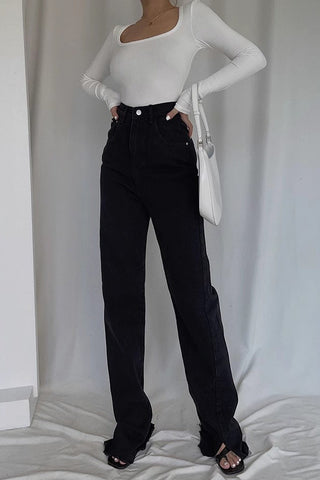 Nature High Waist Buckle Detail Straight Leg Jeans