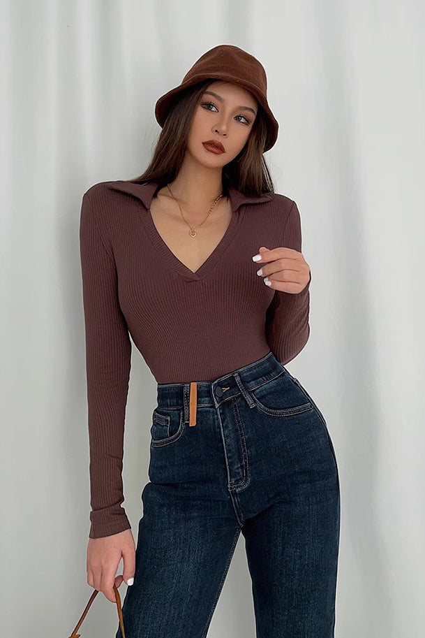 V Neck Ribbed Long Sleeve Shirt Tops