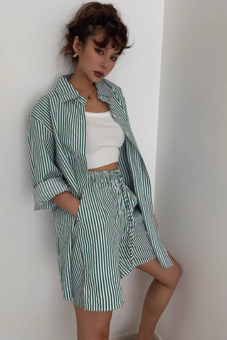 Striped Print Outwear Shirts and Drawstring Waist Shorts Two Piece Set