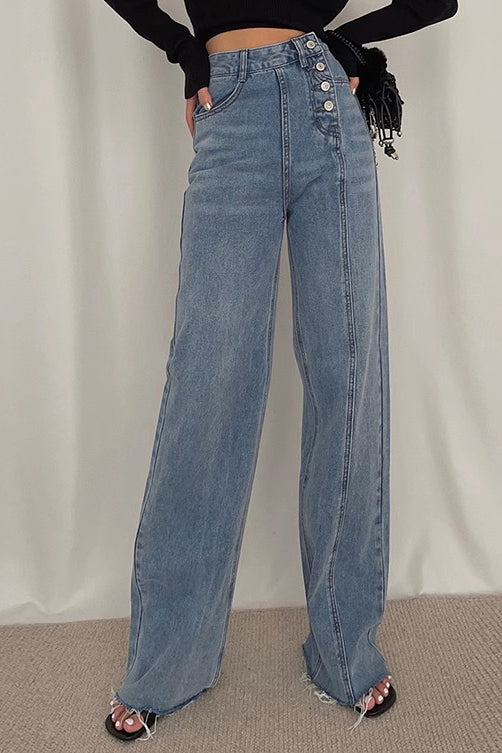 High Waist Buckle Detail Straight Leg Jeans