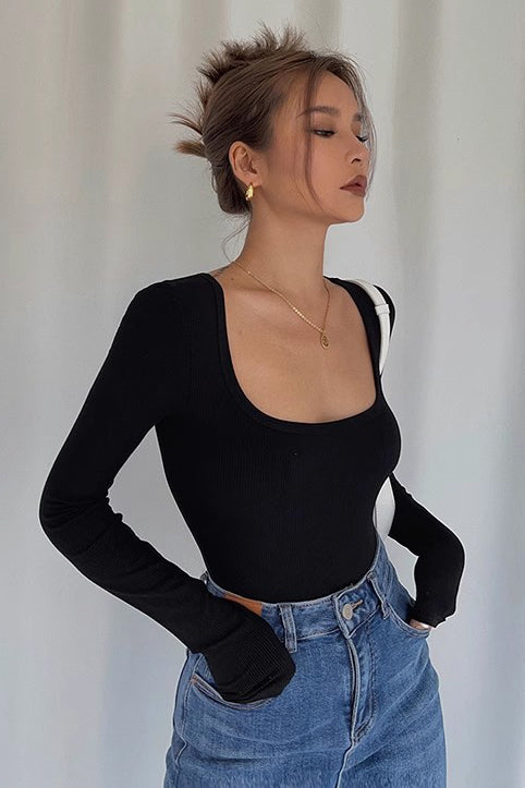 Long Sleeve Scoop Neck Ribbed Tops Fitted Basic Shirts