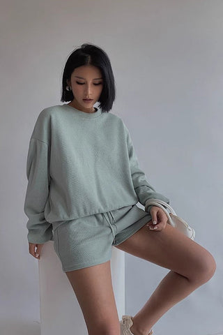 Solid Long Sleeve Sweater Sweatshirt and Drawstring Waist Short Two Piece Set