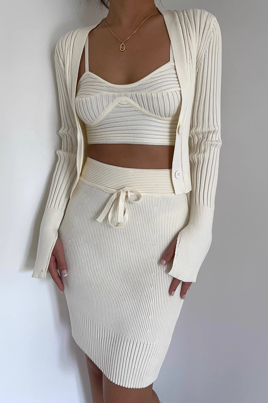 Solid Rib-knit Vest & Crop Shirt & Fitted Skirt 3 Piece Set