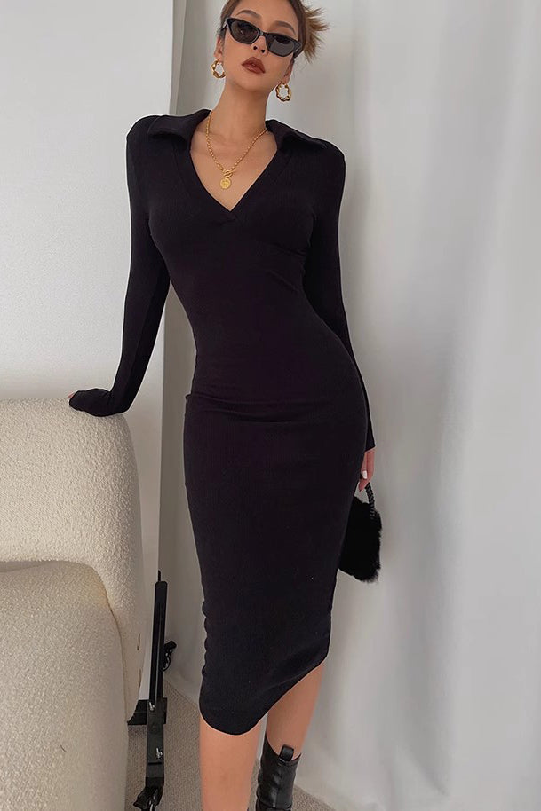 Sexy Long Sleeve Ruched Wrap V Neck Bodycon Dress