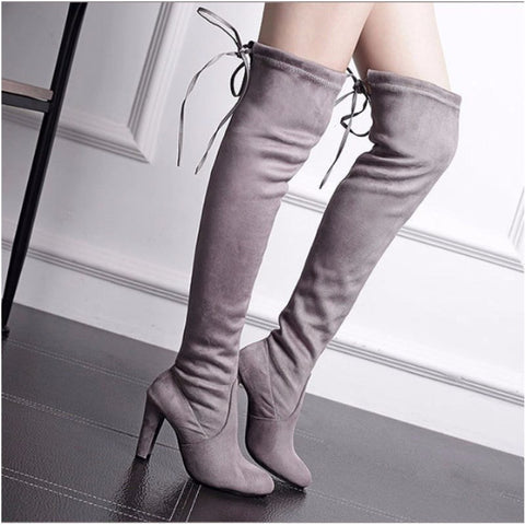 Lace Back Over The Knee Block Heeled Boots