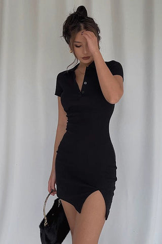 Sexy Lapel Neck Split Hem Bodycon Dress