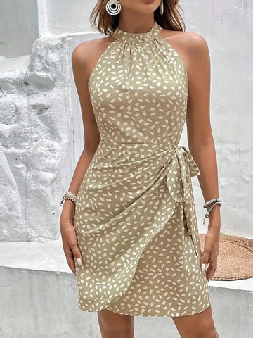 Halter Neck Zipper Floral Pleated Short Dress