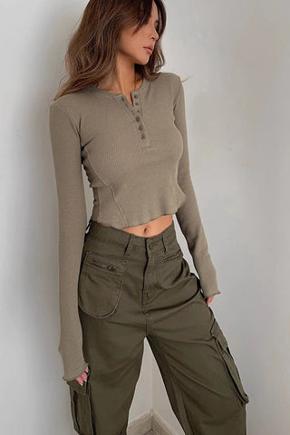 Ribbed Long Sleeve Crop Tops Shirt