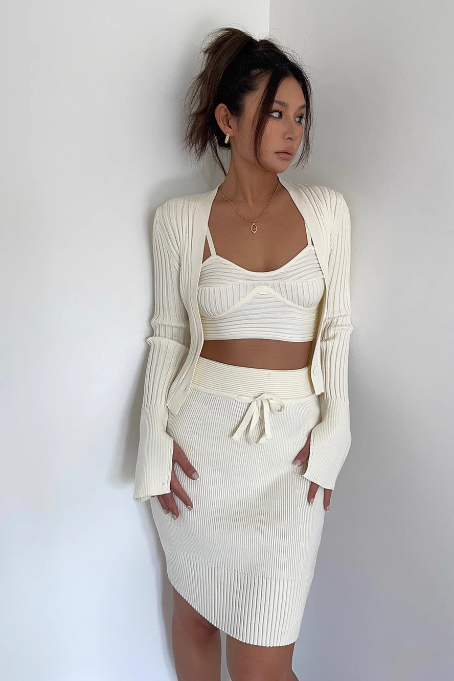 Solid Rib-knit Vest & Crop Shirt & Fitted Skirt 3 Piece Set