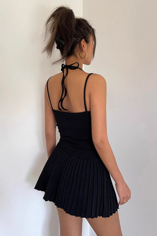 Solid Ribbed Pleated Flared Hem Skirt